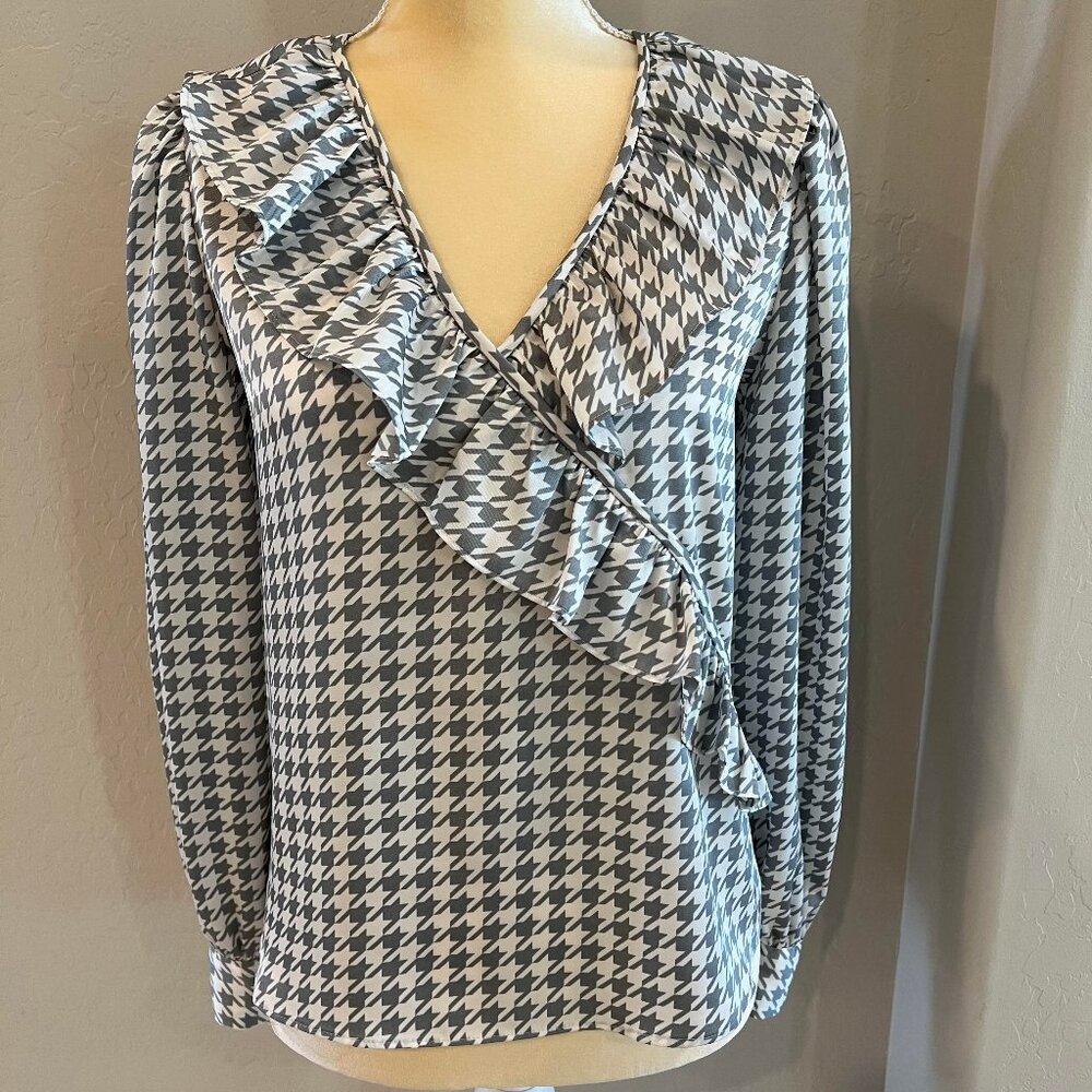 Ann Taylor Top Size XS Long Sleeve Blouse Gray Houndstooth